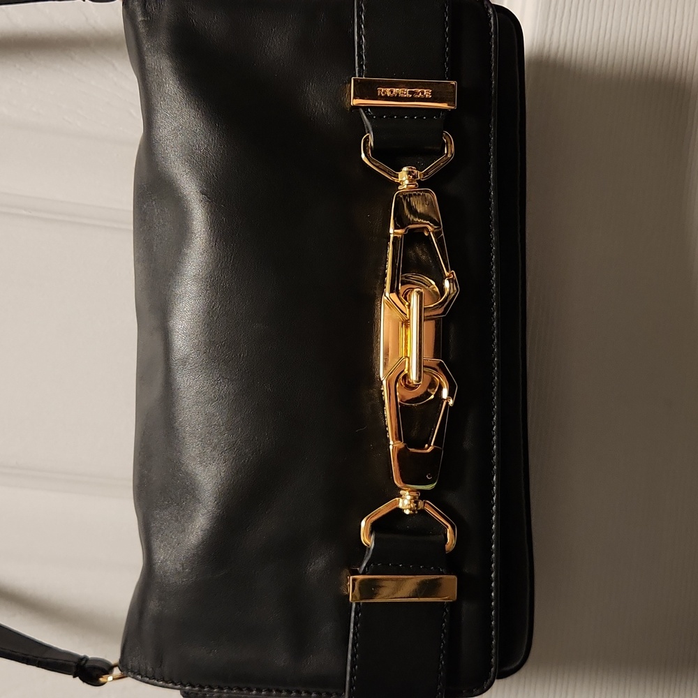 Black Leather Shoulder Crossbody Clutch Bag with Gold Accents
